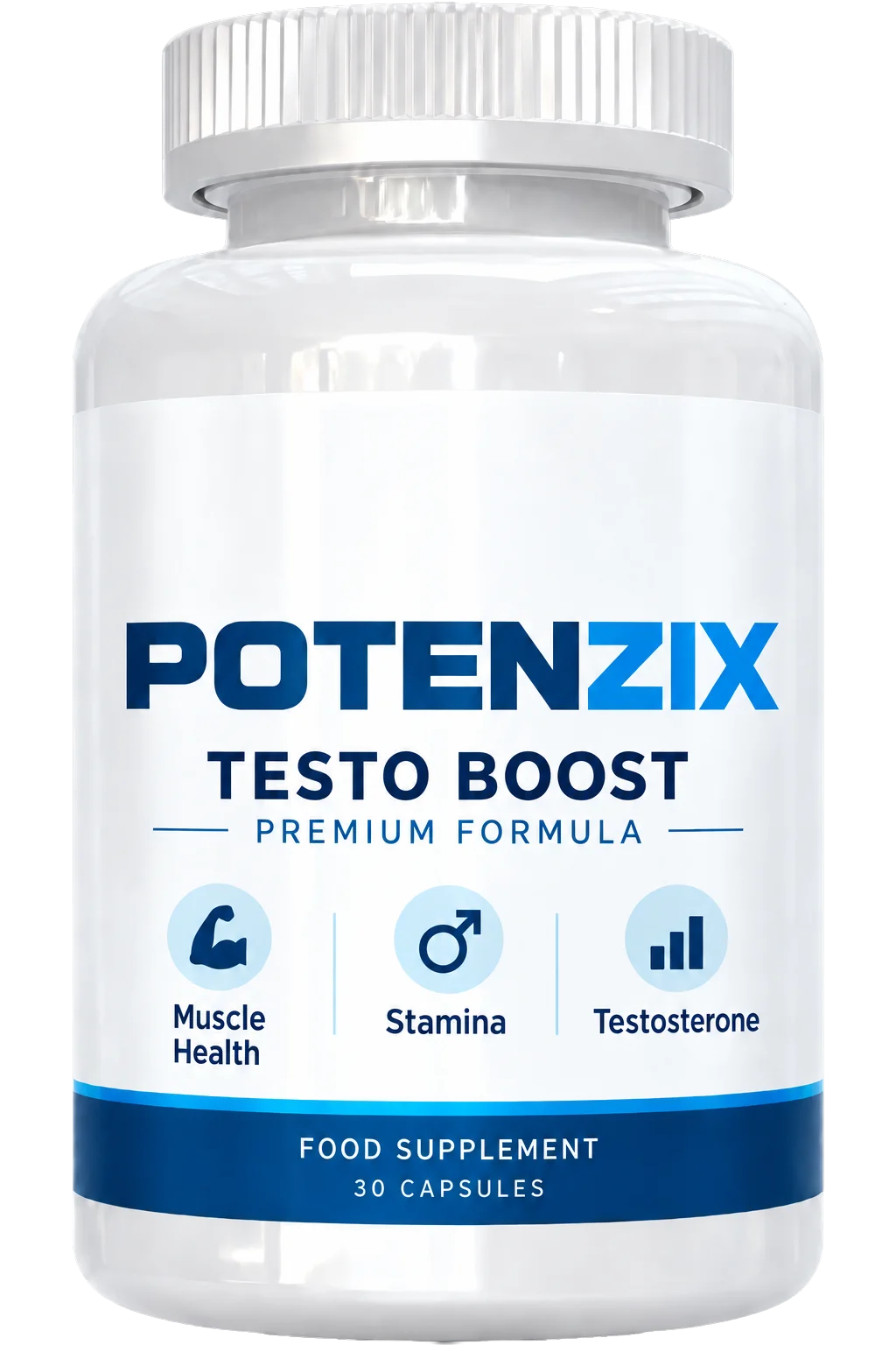 Potenzix Testo Boost bottle, premium formula food supplement, 30 capsules