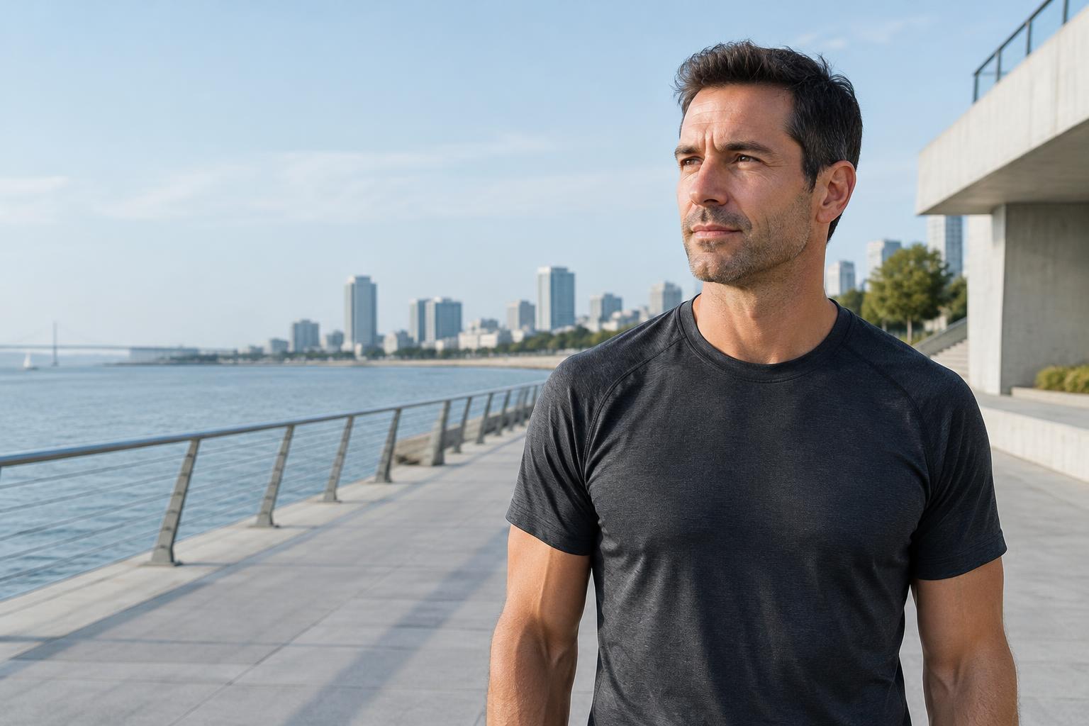 An active man outdoors beside a waterfront
